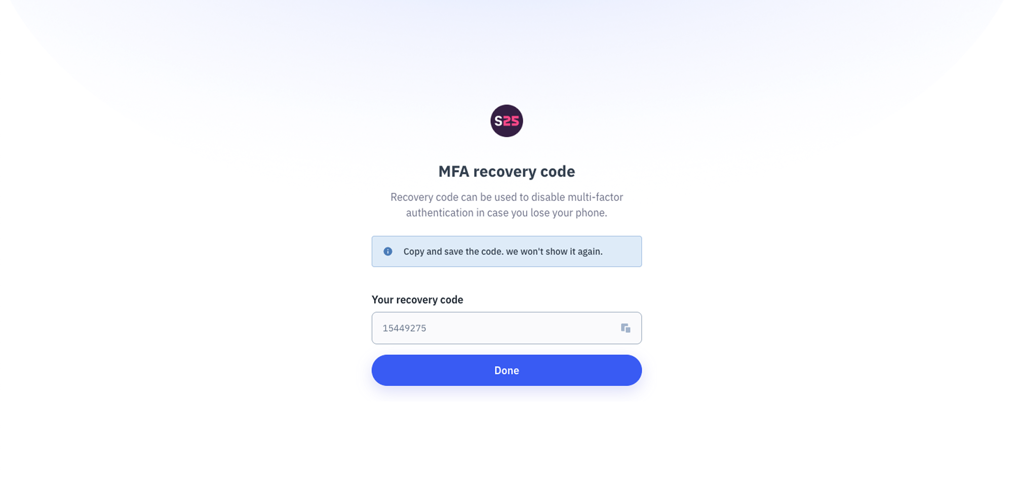 The MFA recover codes to be saved, with a Done button.